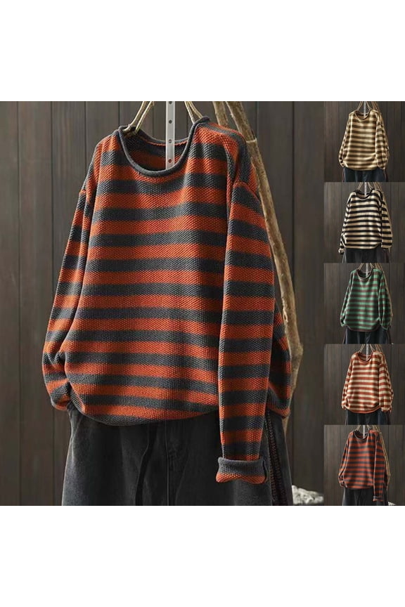 Women Long Sleeve Crewneck Loose Sweater, Fashion Striped Color Block Knit Pullover Tops Fall Going Out Casual Sweaters Orange S