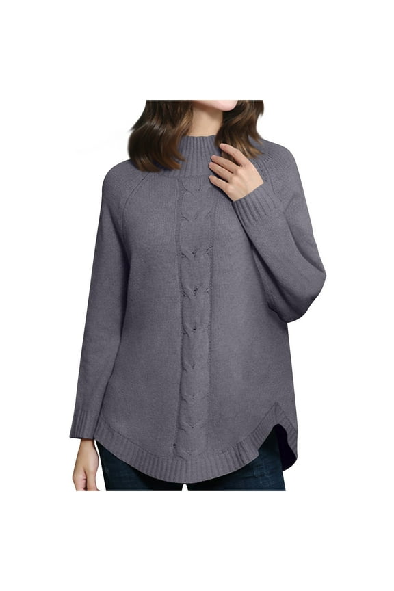 Women Long Sleeve Mock Neck Loose Sweater, Solid Color Cable Knit Fall Warm Sweaters Pullover with Curved Hem Gray L
