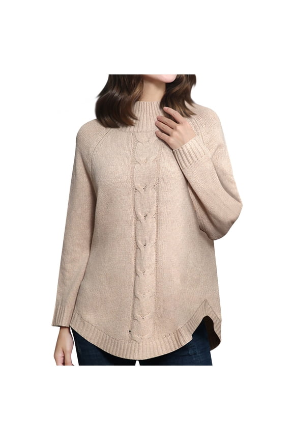 Women Long Sleeve Mock Neck Loose Sweater, Solid Color Cable Knit Fall Warm Sweaters Pullover with Curved Hem Khaki L