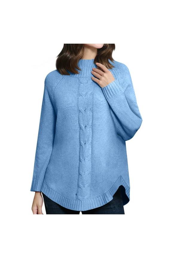 Women Long Sleeve Mock Neck Loose Sweater, Solid Color Cable Knit Fall Warm Sweaters Pullover with Curved Hem Sky Blue XL