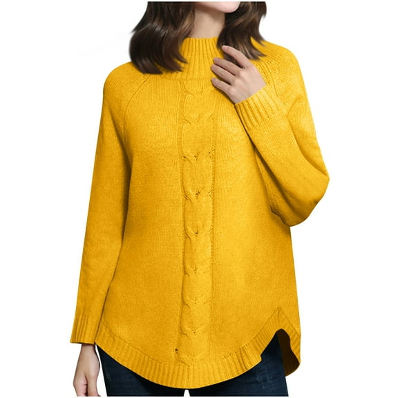 Olyvenn Women Long Sleeve Mock Neck Loose Sweater, Solid Color Cable Knit Fall Warm Sweaters Pullover with Curved Hem Yellow M