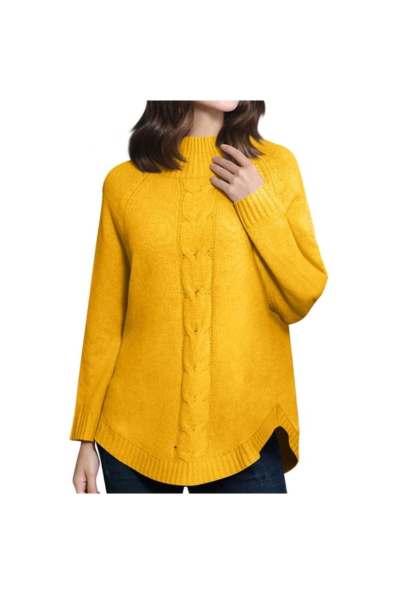 Women Long Sleeve Mock Neck Loose Sweater, Solid Color Cable Knit Fall Warm Sweaters Pullover with Curved Hem Yellow M