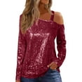 thumbnail image 1 of Olyvenn Women Long Sleeve Sequin Blouse One Shoulder Strap Sparkly Party Casual Shirt Going Out Loose Spring Dressy Tops Wine S, 1 of 9