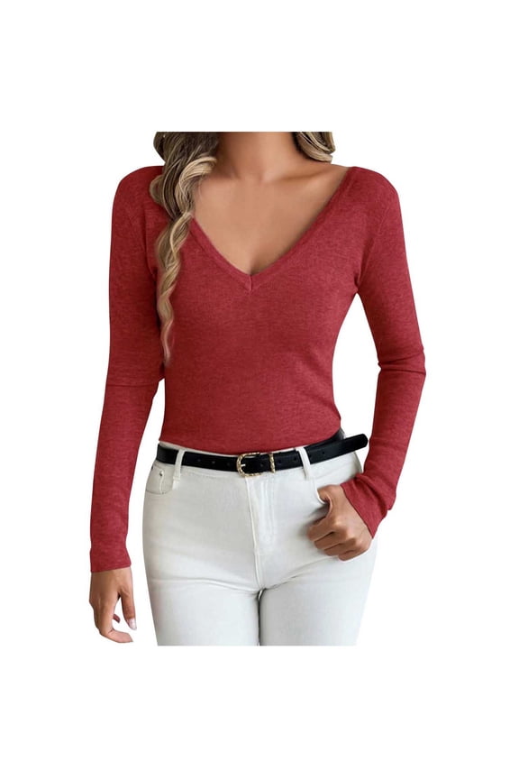 Women Long Sleeve V-Neck Slim Fit Sweater Blouses, Lightweight Knit Business Casual Sweaters Shirt Solid Color Basic Tops Red L