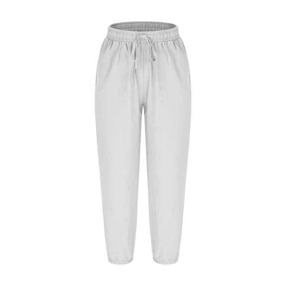 Olyvenn Women Loose Trousers Casual Solid Color Wide-Leg Trousers Drawstring Design Fashion Pants with Pockets White M