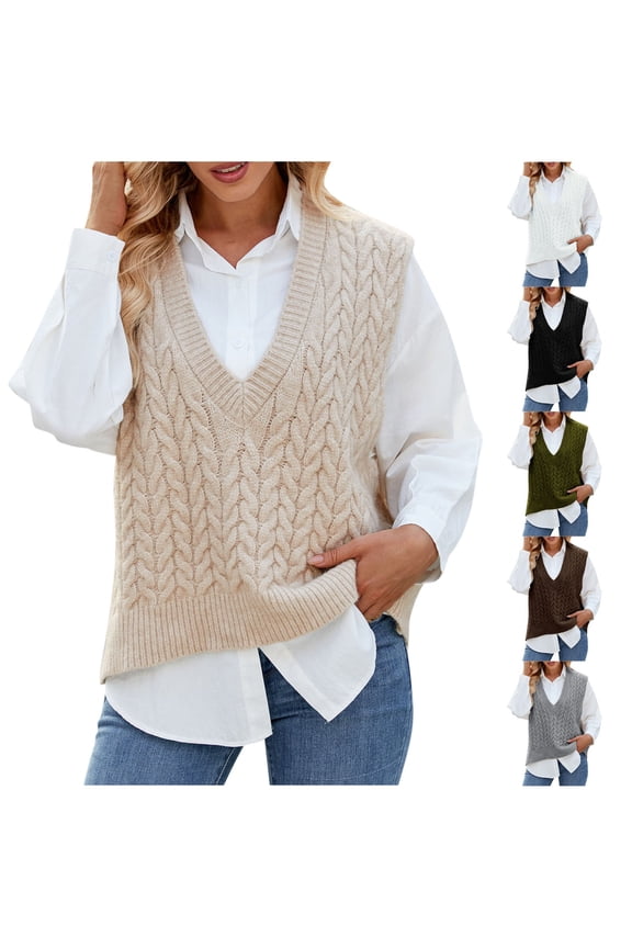 Women Loose V-Neck Sweater Vest, Sleeveless Cable Knit Casual Crop Sweaters Pullover Lightweight Comfy Daily Vest Tops Gray L