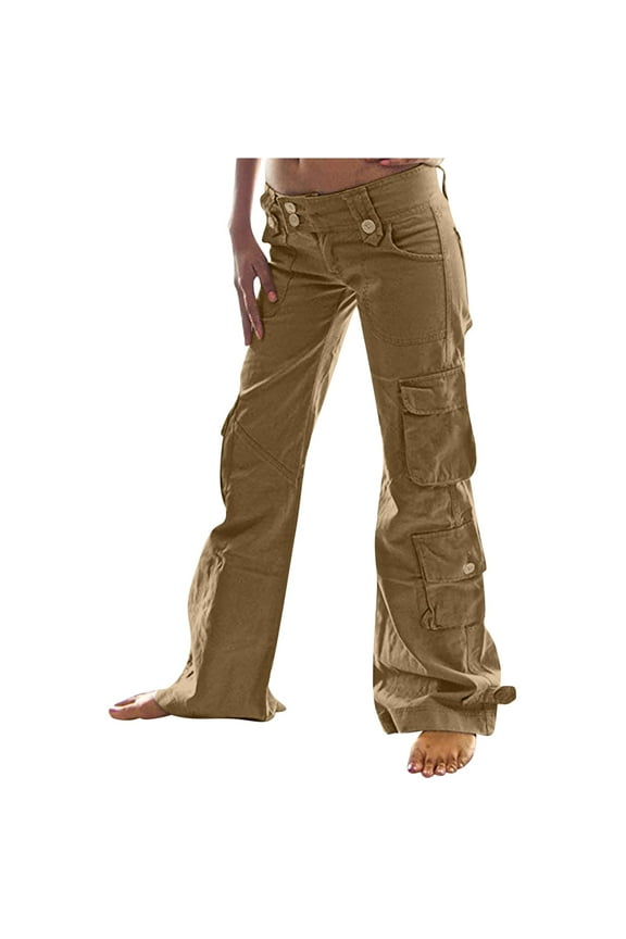 Women Loose Wide Leg Multi Pocket Casual Loose Straight Tube Workwear Pants Workout Athletic Sports Loose Full Length Pants for Women Trendy 2023 Khaki 4