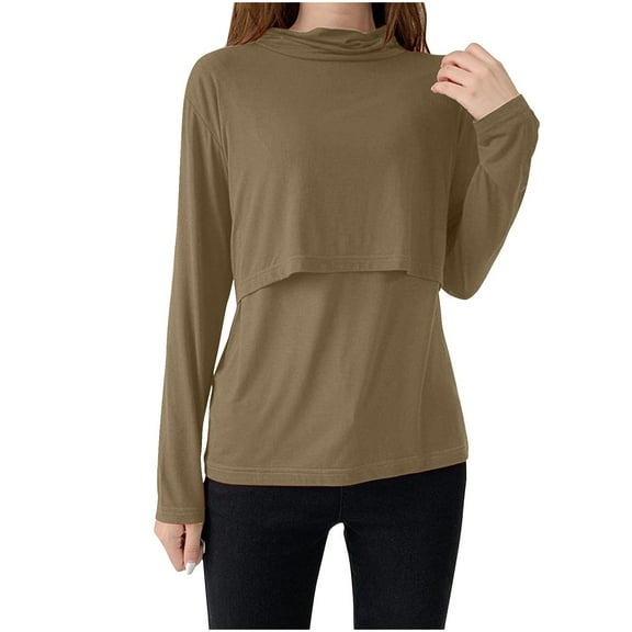 Olyvenn Women Maternity Nursing Top Crewneck Long Sleeve Double Layer Breastfeeding Shirt Soft Light Comfy Pregnancy Clothes Khaki 12-14