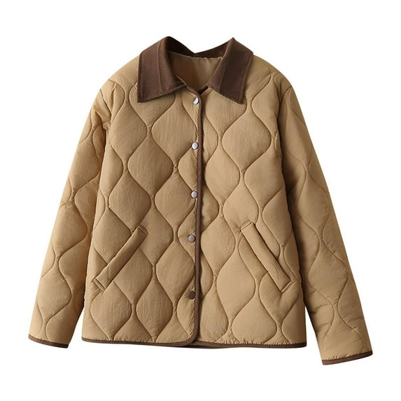 Olyvenn Women Middle Aged Elderly Cotton Clip Jacket Winter Coat Color Block Collared Lightweight Warm Cotton Outerwear Coffee XXL