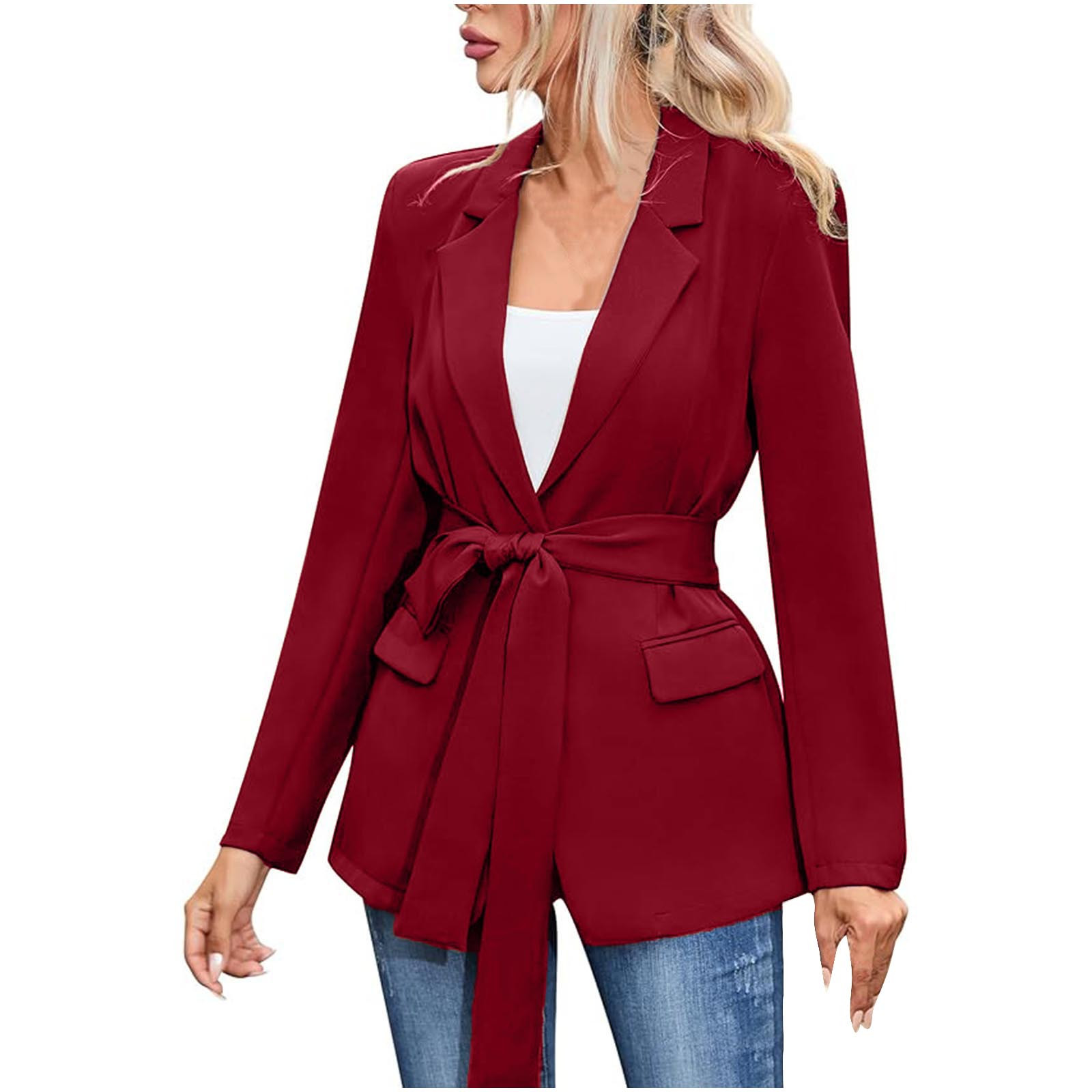 Olyvenn Women Open Front Blazers Long Sleeve Casual Belted OL Office ...
