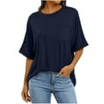 thumbnail image 1 of Olyvenn Women Oversized T Shirts Short Sleeve Crew Neck Summer Fashion Tops Casual Loose Top Basic Tee with Pocket Navy XL, 1 of 7