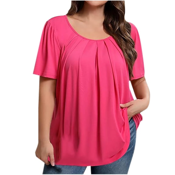 Olyvenn Women Plus Size Blouses Casual Basic Tunic Tops Summer Blouse Short Sleeve Pleated Crewneck Flowy Shirts Hot Pink XXXXL