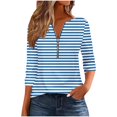 thumbnail image 1 of Olyvenn Women Plus Size Striped Tops 3/4 Sleeve Dressy Casual Fall Outfits Half Zip V Neck Work Blouses Trendy Casual Tops Sky Blue XL, 1 of 5