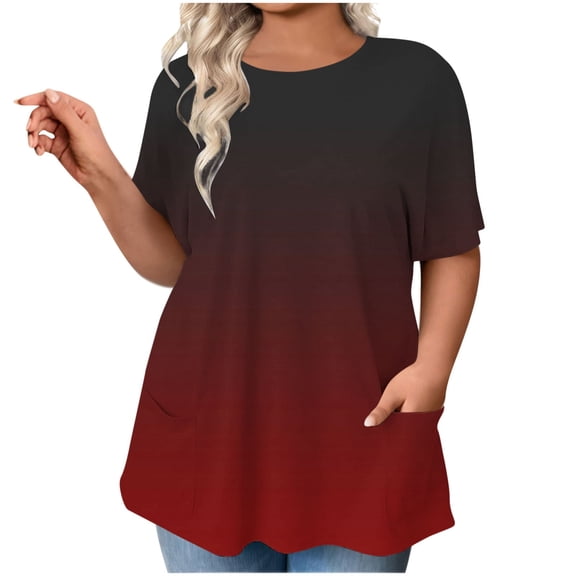 Olyvenn Women Plus Size Tunic Tops with Pockets Summer Short Sleeve Casual Shirts Solid Gradient Striped Crew Neck Blouses Wine XL