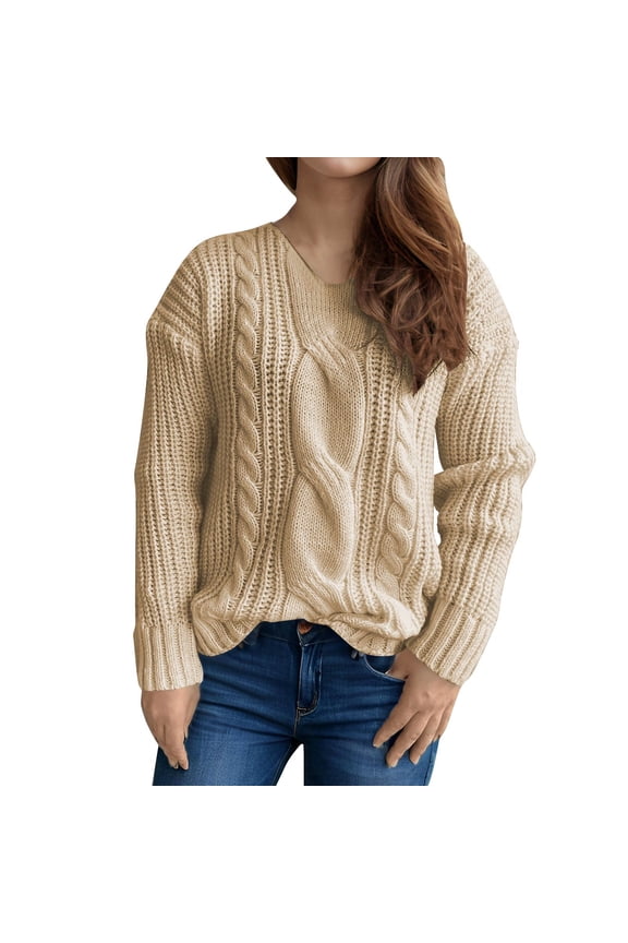 Women Pullover Sweaters Long Sleeve V-Neck Cable Knit Chunky Sweater Loose Casual Fall Winter Knitwear Blouse Tops Khaki S