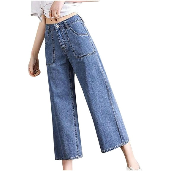 Olyvenn Women Ripped Boyfriends Jeans Distressed High Waist Baggy Denim Pants Wide Leg Straight Trousers Y2k Streetwear Pants Blue M