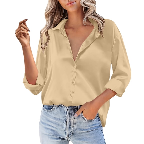 Olyvenn Women Satin Silk Button Down Shirt Ladies Long Sleeve Tops V Neck Loose Blouse Dressy Business Casual Work Tunic Spring Shirts Khaki XXL
