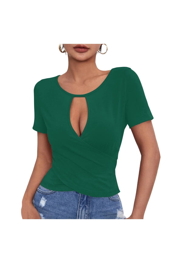 Women Short Sleeve Deep V Neck Tops Casual Sexy Cut Out Twist Knot Blouse Comfy Solid Shirts Fitted Cotton Tshirt Tee Green L