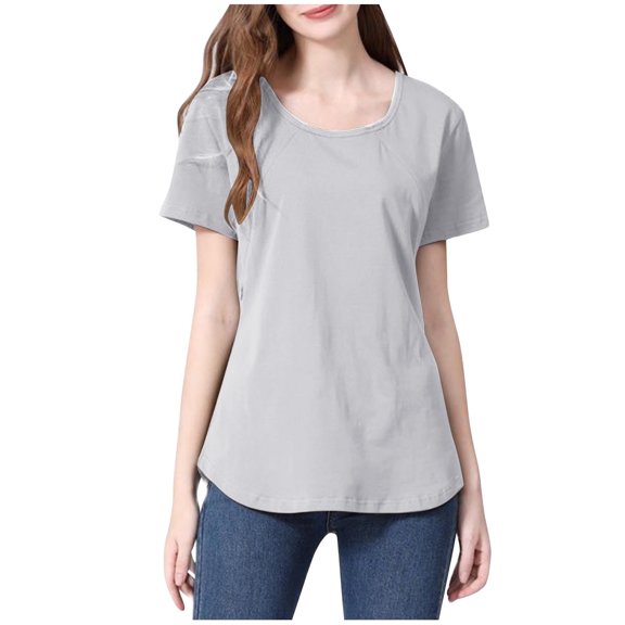 Olyvenn Women Short Sleeve Nursing Shirts Soft Maternity Tops Double Layer Breastfeeding Blouse Round Neck Pregnancy Clothes Gray 4