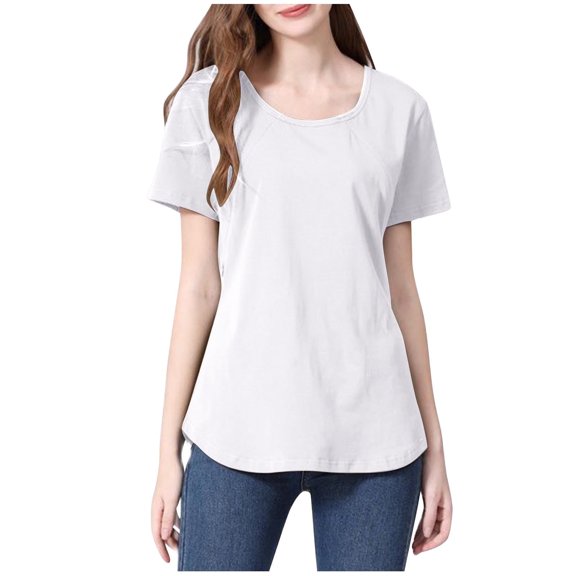 Olyvenn Women Short Sleeve Nursing Shirts Soft Maternity Tops Double Layer Breastfeeding Blouse Round Neck Pregnancy Clothes White 4