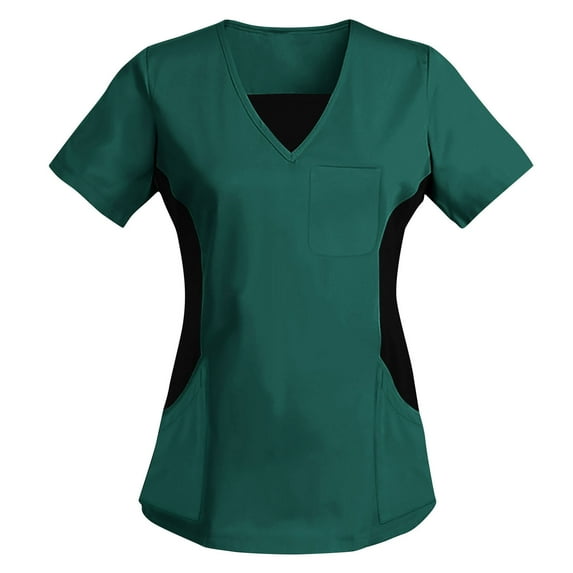 Olyvenn Women Short Sleeve Scrub Tops with Pockets Casual Color Block V Neck Uniform Shirts Nurse T Shirt Top Lightweight Tunic Blouse Green XXL