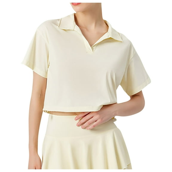 Olyvenn Women Short Sleeve Sun Protection Rash Guard Activewear Button Collared Shirts Adjustable Sunscreen Cropped Yoga Shirt Yellow 6