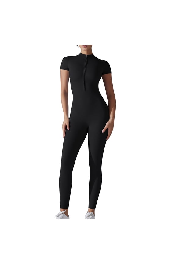 Women Short Sleeve Workout Jumpsuit Zip Up Romper Bottom Pants Bodysuit Bodycon Stylish One Piece Workout Jumpsuit Zip Up Romper Bottom Pants Black 8