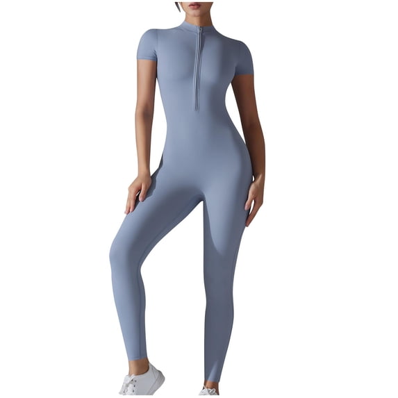 Olyvenn Women Short Sleeve Workout Jumpsuit Zip Up Romper Bottom Pants Bodysuit Bodycon Stylish One Piece Workout Jumpsuit Zip Up Romper Bottom Pants Blue 6