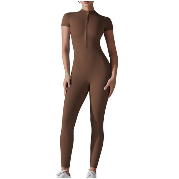 Olyvenn Women Short Sleeve Workout Jumpsuit Zip Up Romper Bottom Pants Bodysuit Bodycon Stylish One Piece Workout Jumpsuit Zip Up Romper Bottom Pants Brown 10