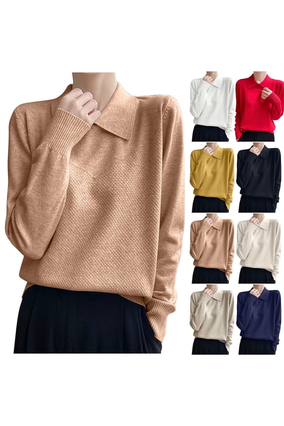 Women Solid Regular Fit High Strecth Long Sleeve A-Straight Knitted Sweaters Collared Casual Basic Sweater Gold L