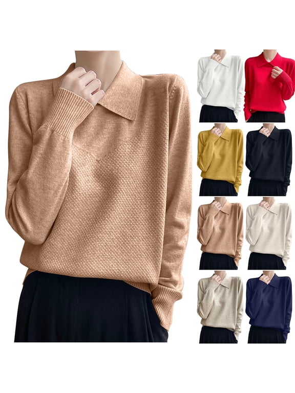 Women Solid Regular Fit High Strecth Long Sleeve A-Straight Knitted Sweaters Collared Casual Basic Sweater Gold L