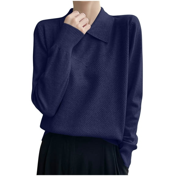Olyvenn Women Solid Regular Fit High Strecth Long Sleeve A-Straight Knitted Sweaters Collared Casual Basic Sweater Navy XL