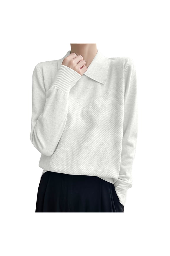 Women Solid Regular Fit High Strecth Long Sleeve A-Straight Knitted Sweaters Collared Casual Basic Sweater White XXL