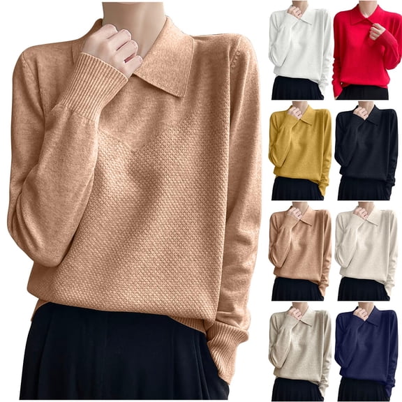 Olyvenn Women Solid Regular Fit High Strecth Long Sleeve A-Straight Knitted Sweaters Collared Casual Basic Sweater Yellow XXL