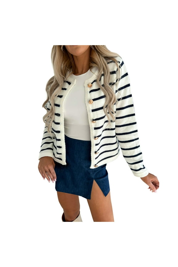 Women Striped Long Sleeve Blazer Spring Autumn Office Workwear Single Breasted Gold Buttons Elegant Suit Jacket Outerwear White 10