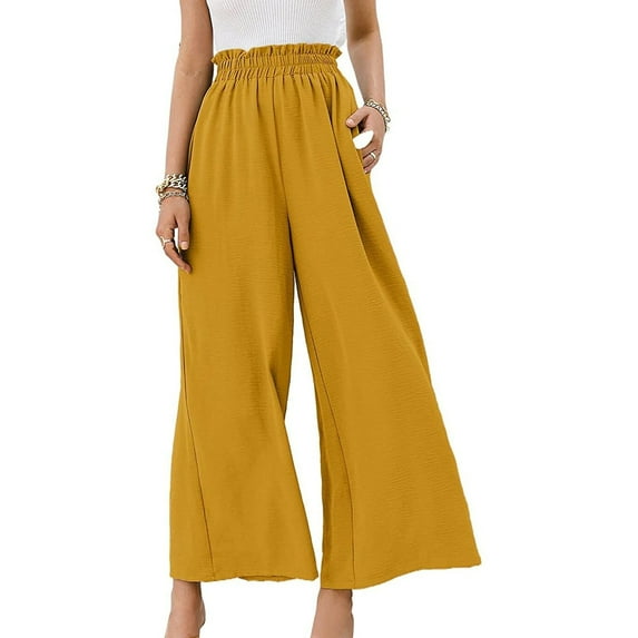 Olyvenn Women Summer Casual Solid Cotton Linen Drawstring Elastic Waist Full Length Long Pants Long Wide Leg Pants Trendy Comfy Loose Fit Casual Pants Yellow 6