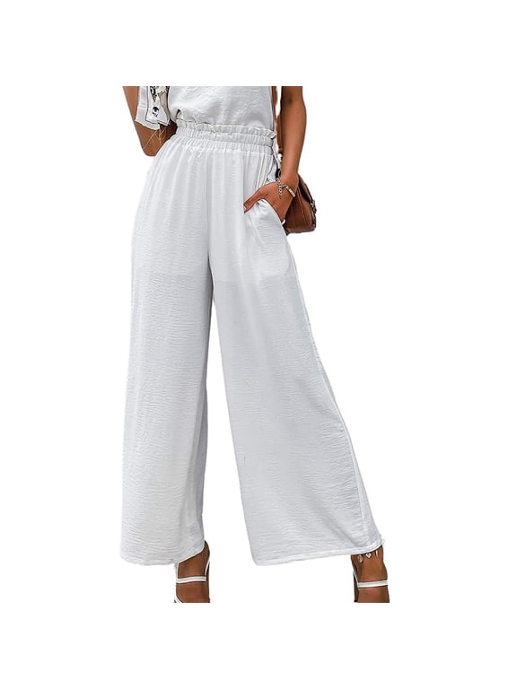 Women Summer Casual Solid Cotton Linen Drawstring Elastic Waist Full Length Long Pants Long Wide Leg Pants Trendy Comfy Loose Fit Casual Pants White 6