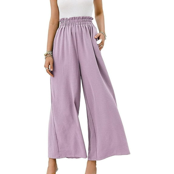 Olyvenn Women Summer Casual Solid Cotton Linen Drawstring Elastic Waist Full Length Long Pants Long Wide Leg Pants Trendy Comfy Loose Fit Casual Pants Purple 10