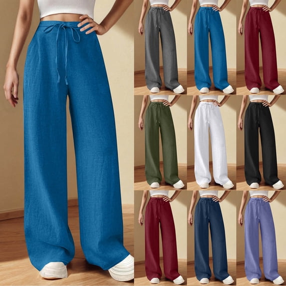 Olyvenn Women Summer Cotton Linen Long Pants Elastic High Waisted Palazzo Pants Wide Leg Pant Lounge Pant Trouser with Pocket Army Green L