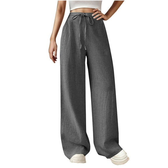Olyvenn Women Summer Cotton Linen Long Pants Elastic High Waisted Palazzo Pants Wide Leg Pant Lounge Pant Trouser with Pocket Gray XXL