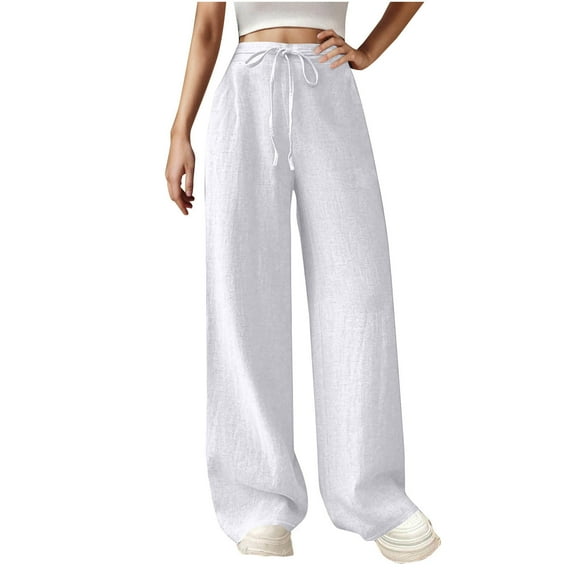 Olyvenn Women Summer Cotton Linen Long Pants Elastic High Waisted Palazzo Pants Wide Leg Pant Lounge Pant Trouser with Pocket White S