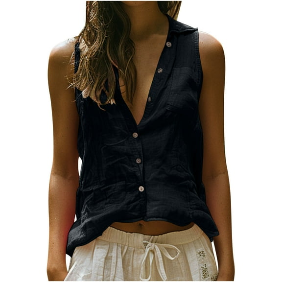 Olyvenn Women Summer Sexy Linen Tank Tops Button Down V Neck Sleeveless Shirts Casual Imitation Cotton Linen Crop Blouse Black L