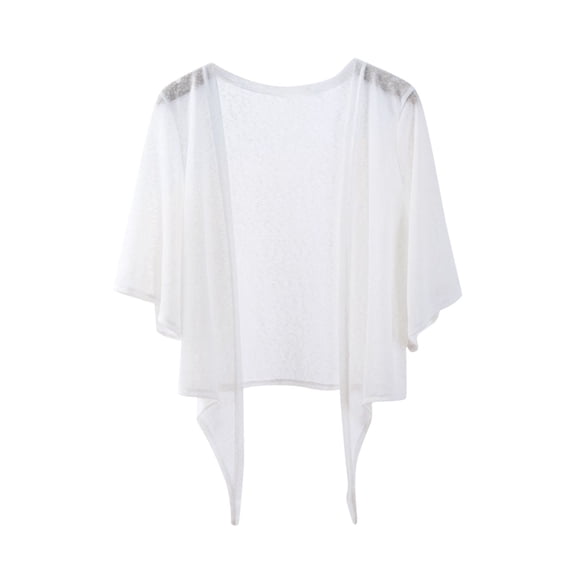 Olyvenn Women Summer Short Sleeve Sheer Mesh Shrug Bolero Cardigan Front Tie Up Open Stitch Beach Cover Up White 12