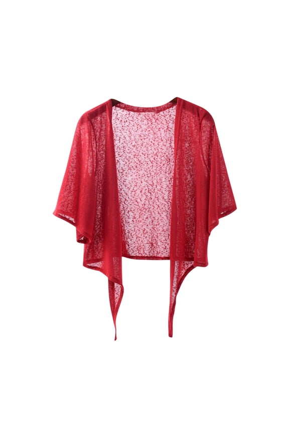 Women Summer Short Sleeve Sheer Mesh Shrug Bolero Cardigan Front Tie Up Open Stitch Beach Cover Up Wine 10