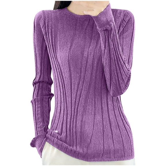 Olyvenn Women Sweaters 2025 Soft Long Sleeve Crewneck Casual Knit Tops Lightweight Slim Fit Pullover Basic Layering Shirts Purple XL