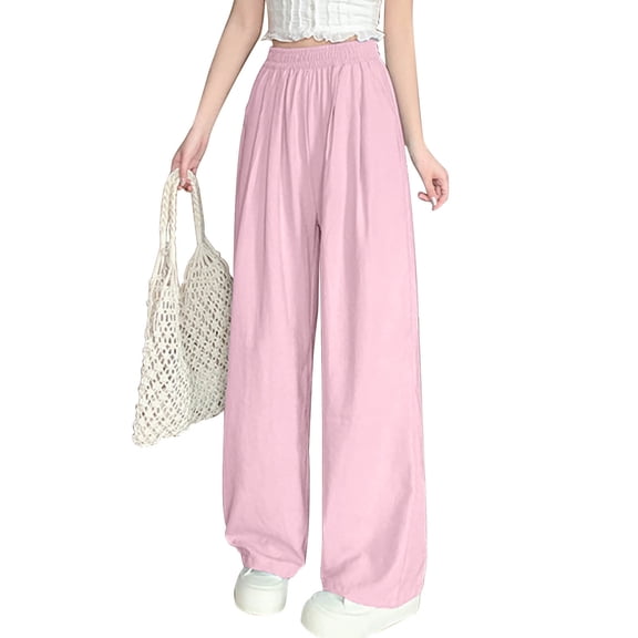 Olyvenn Women Sweet Silk Pants Baggy All-Match Elastic Waist Straight Leg Wide Leg Trousers Fall Thin Casual Comfy Long Pants Pink S