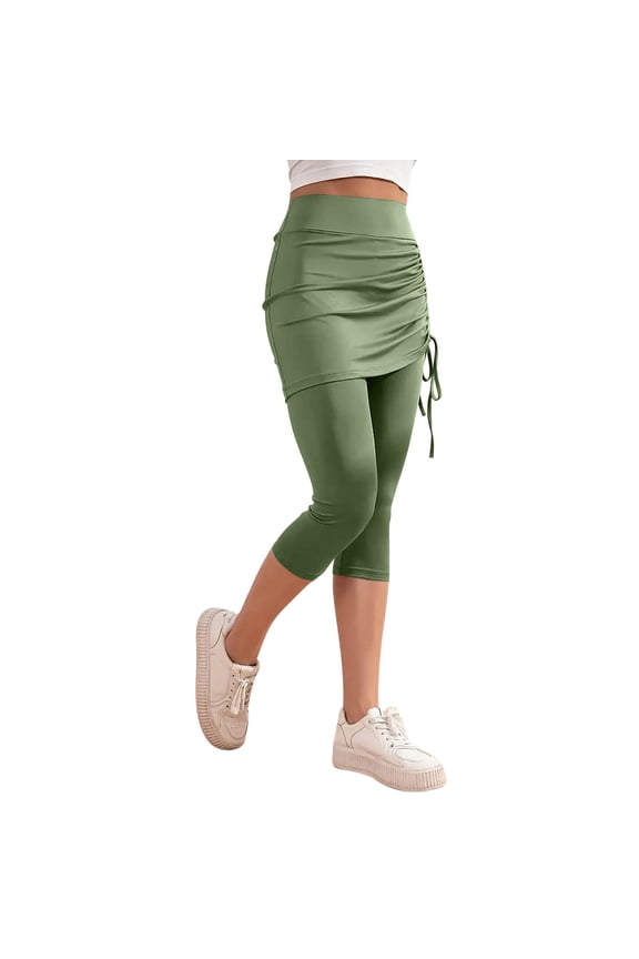 Women Tennis Skirt with Capris Leggings High Waist Drawstring Tie Athletic Golf Knee Length Skorts Army Green XXL