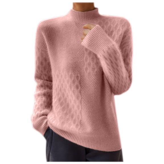 Olyvenn Women Turtleneck Warm Sweater Long Sleeve Comfortable Sweaters Casual Trendy Chunky Sweaters Wool Thickened Sweater Pink XL