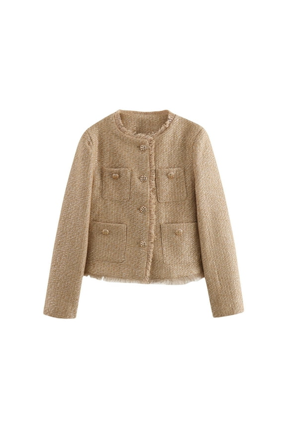 Women Tweed Jacket Frayed Cropped Jacket Womens Jackets Button Down Short Coats Blazer Multi-pockets Comfy Warm Coats Khaki 6