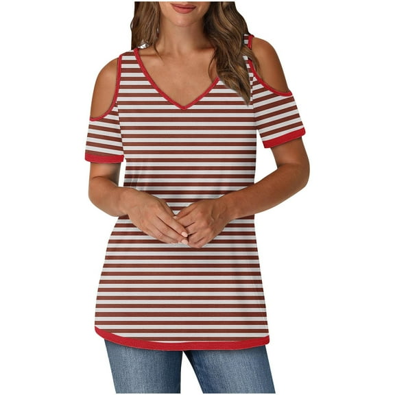 Olyvenn Women V Neck Cold Shoulder Tops V Neck Striped Short Sleeve T Shirts Loose Tops Sexy Casual Blouse 2025 Trendy Tshirt Brown XL